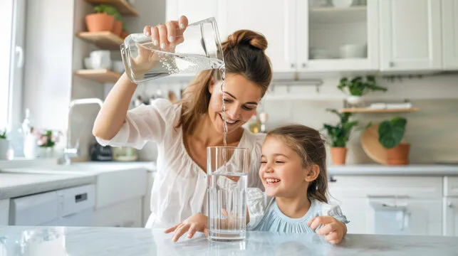 mom and daughter pouring water into a glass while smiling
