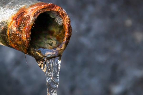 a rusted metal pipe with water flowing out it